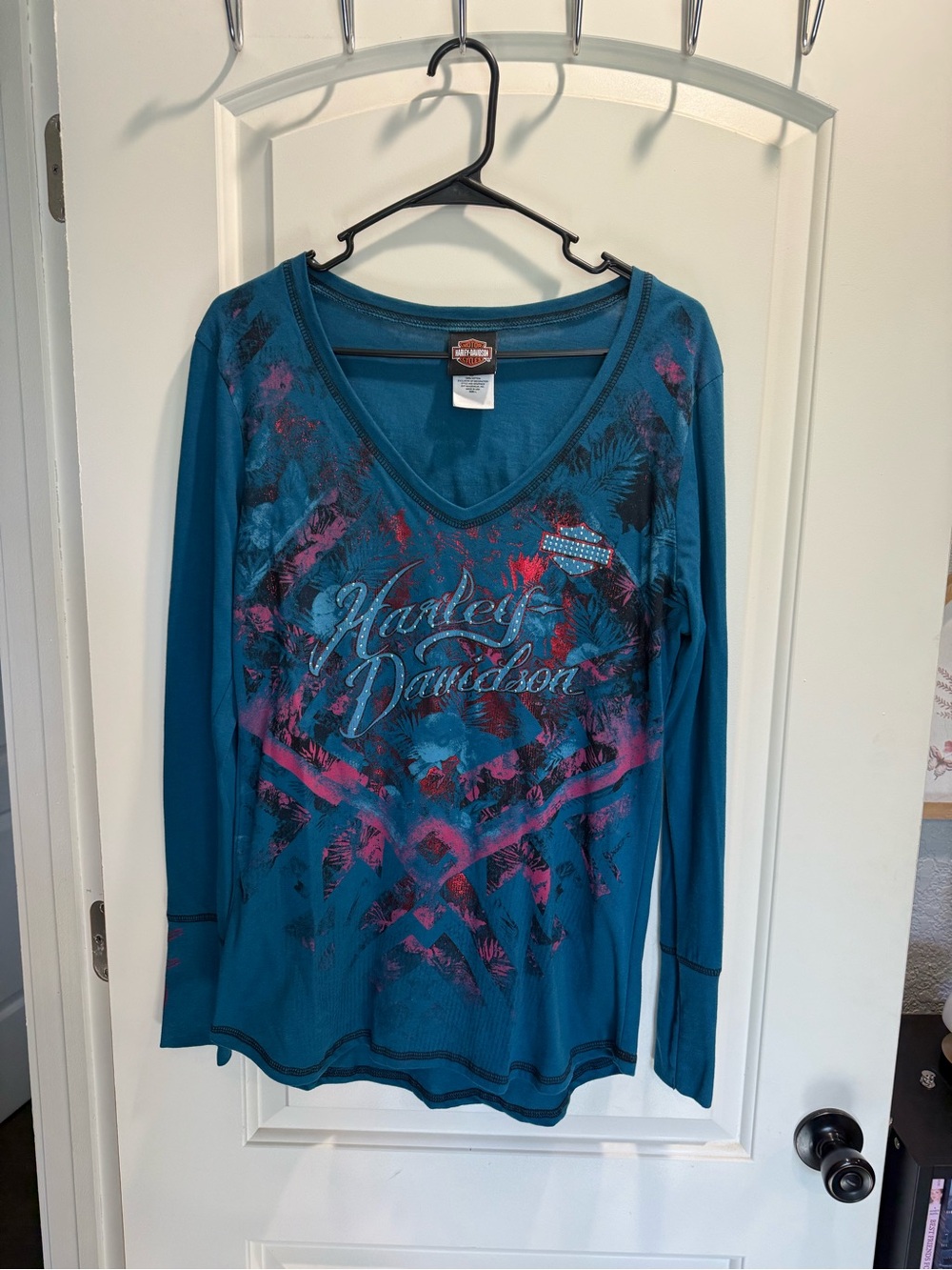 Harley-Davidson Teal V-Neck Long Sleeve Graphic Top with Pink Accents
